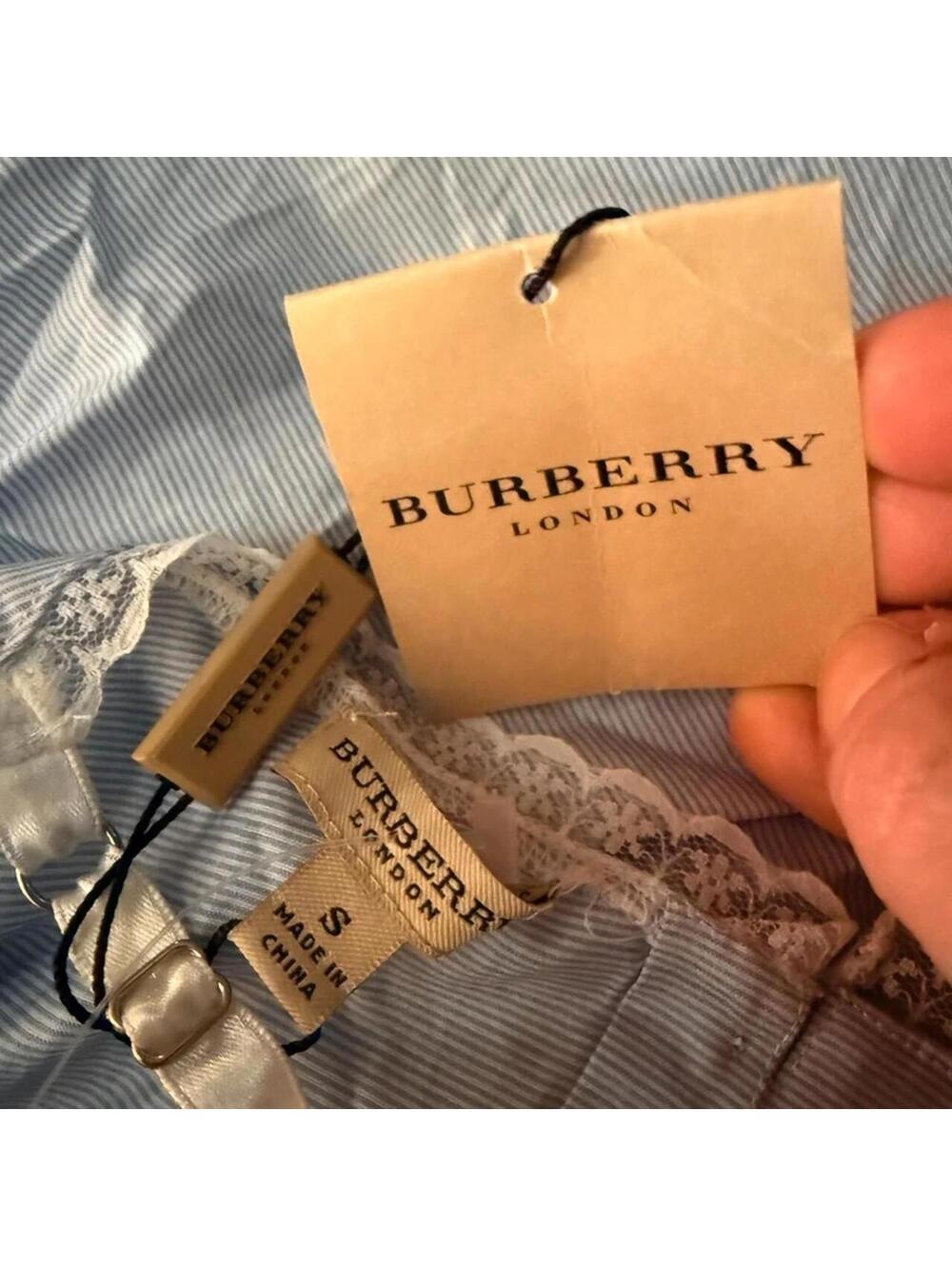 Burberry Blue Stripe Lace Trim Nightgown Size Small NWT Cotton Slip Dress - Picture 8 of 8
